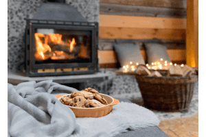 A bowl of cookies on a blanket by a roaring fire. There are wooden logs in a basket nearby.