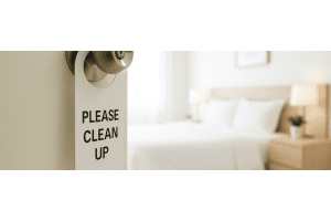 Open hotel door with bedroom in view