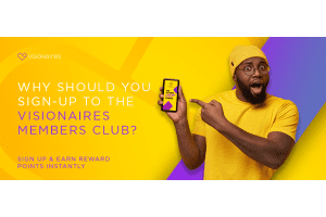 Visionaire's Members Club, why should you sign up? In yellow and purple, with a man dressed in yellow pointing to a smartphone with the club displayed on it.